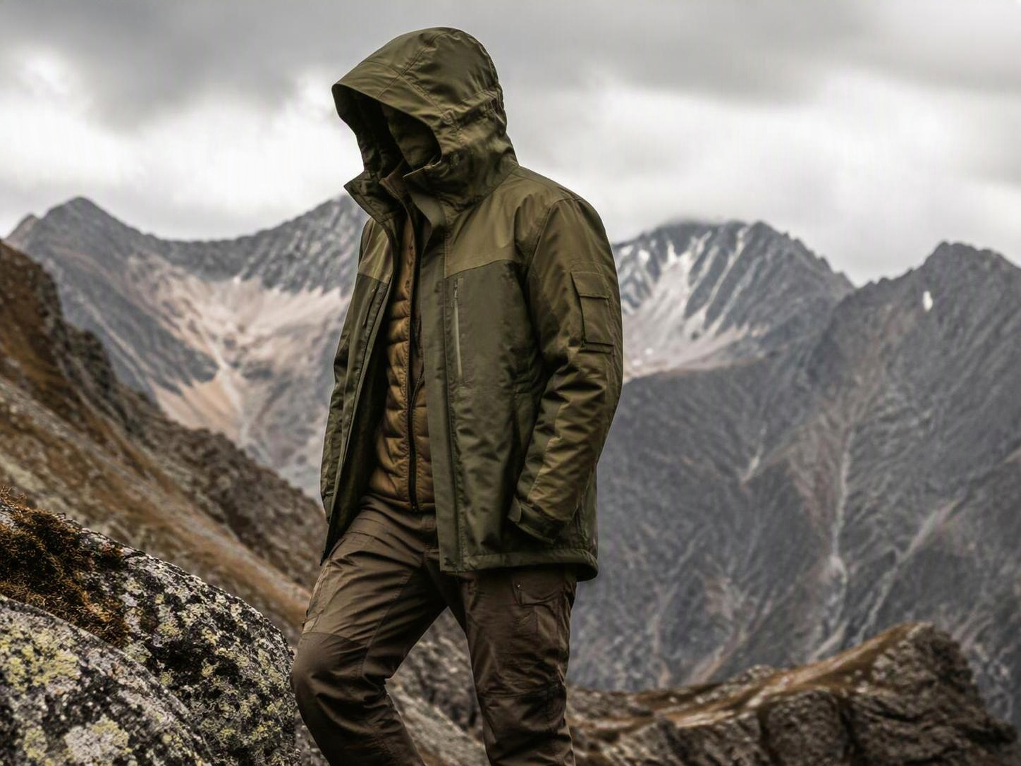 Outdoor apparel in mountain setting
